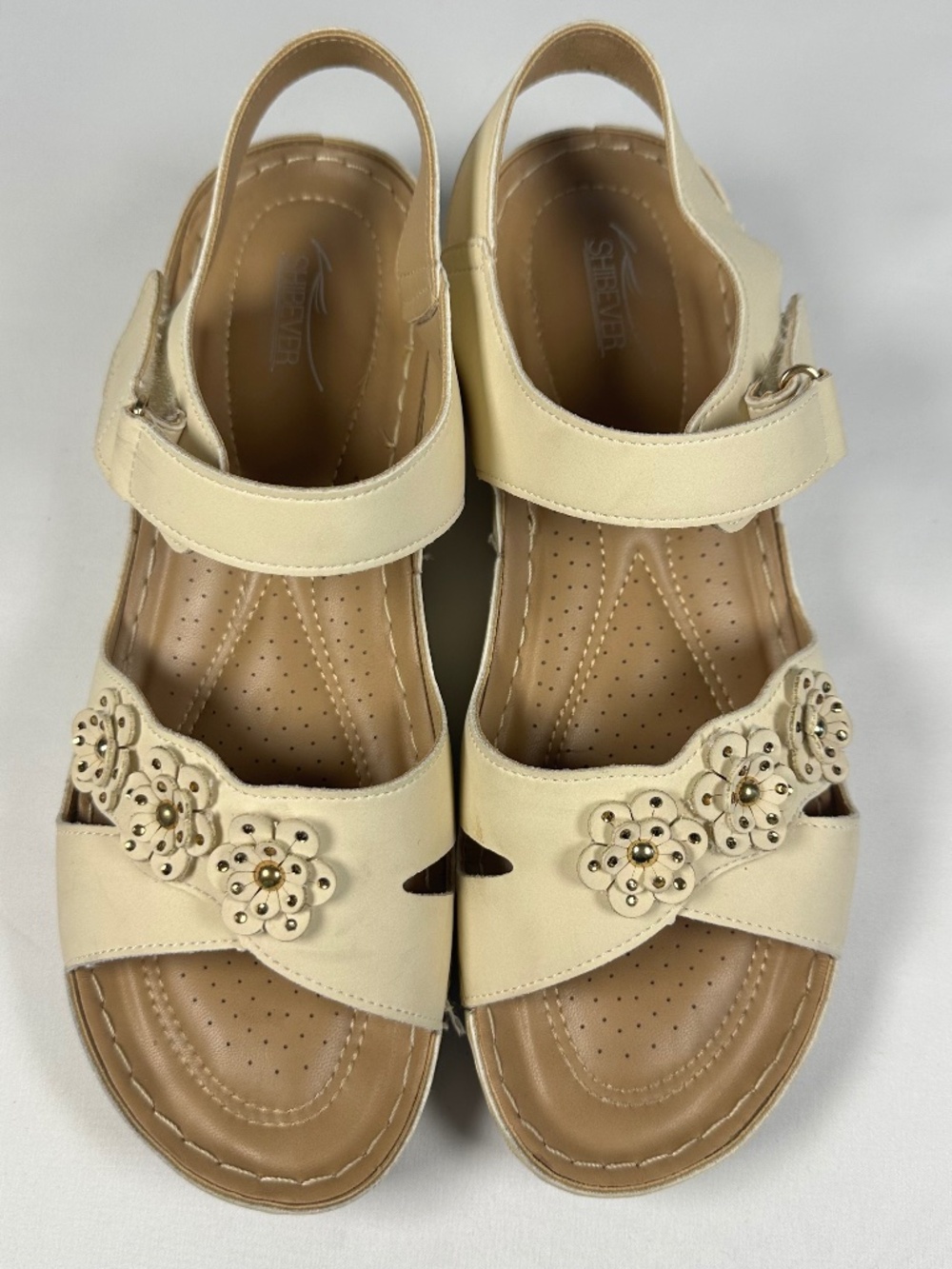 Shibever Wedge Floral Comfort Strappy Open Toe Sandals Ivory/Beige Size 10.5